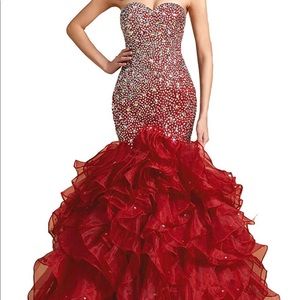 Burgundy formal prom mermaid ruffles dress